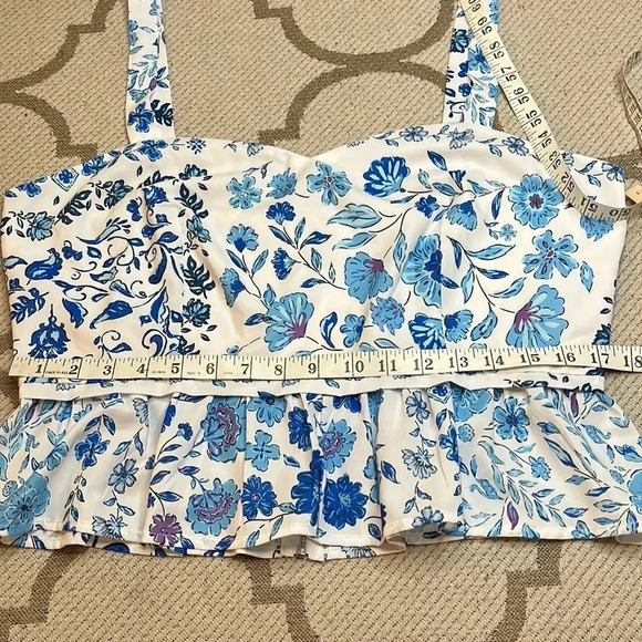 Aqua floral print sweetheart neck blue white peplum exposed zipper back top - Picture 12 of 16